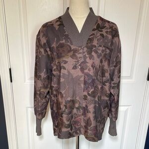 Vintage Hauber Germany Wool Brown Floral Cardigan V Neck Long Sleeved Sz 10